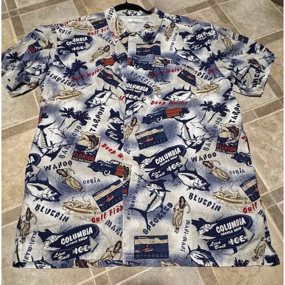Columbia PFG Mens Blue Short Sleeve Button Up Tackle Shop Hula AOP Size XL